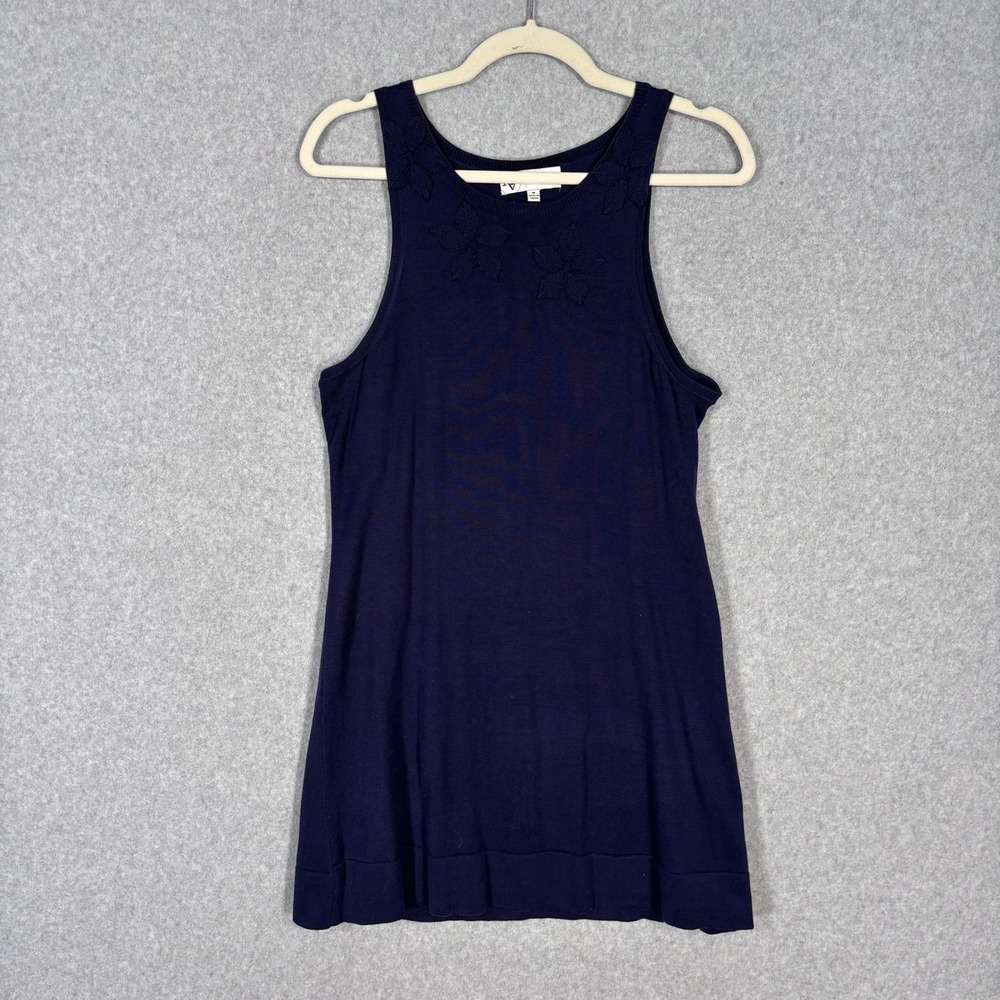 Adrienne Vittadini Knit Tunic Tank Top Medium Navy Floral Sweater Feminine